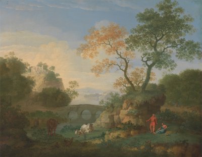 Paysage avec ruines classiques lointaines, un pont, des personnages et du bétail - William Smith